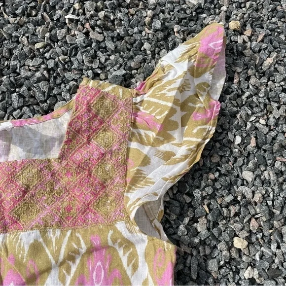 🥒 Nimo With Love Anthropologie Bouganvilla Linen Natural Print Mini Dress XS - Picture 8 of 10